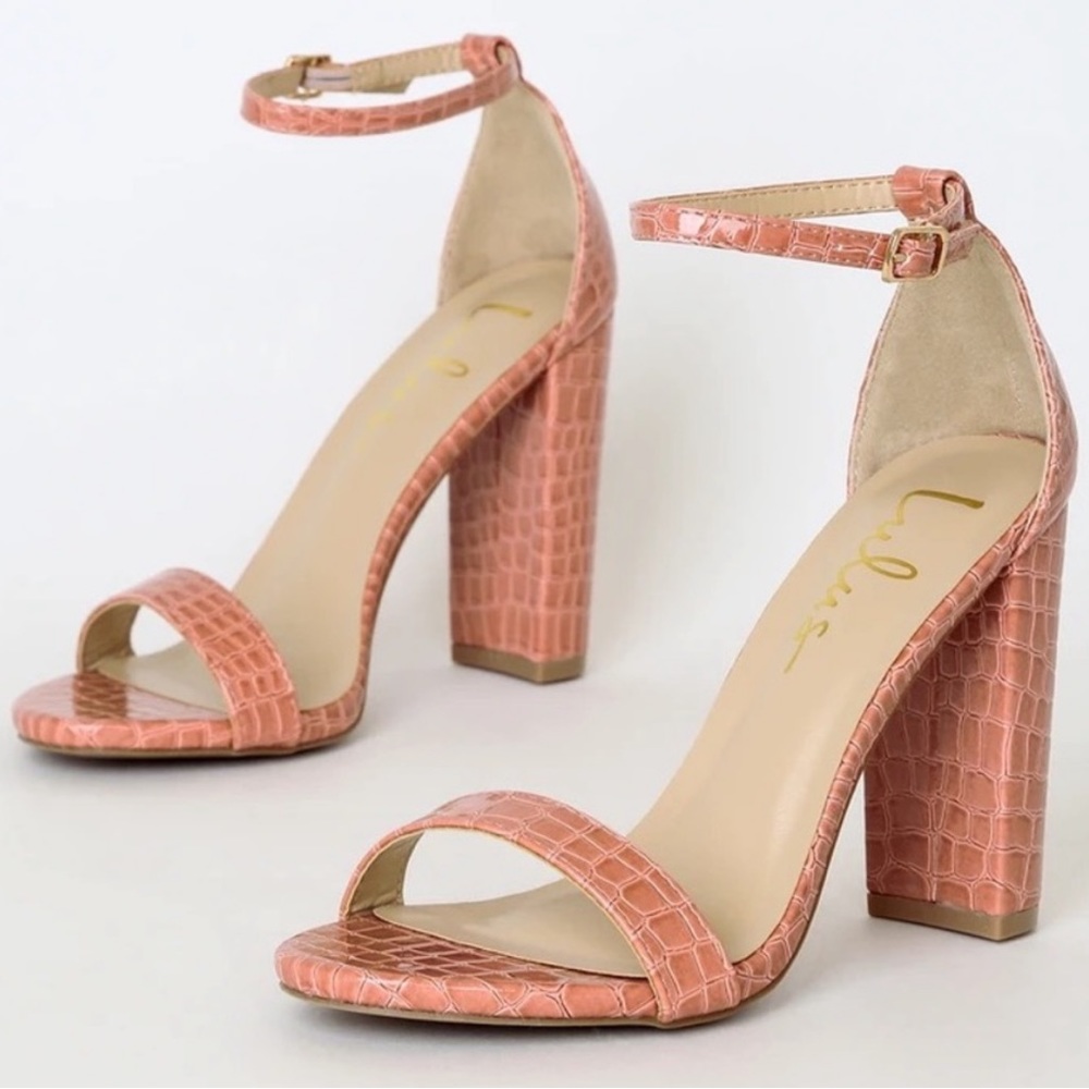Lulu's Taylor Croc Dusty Rose Crocodile-Embossed
Ankle Strap Heels